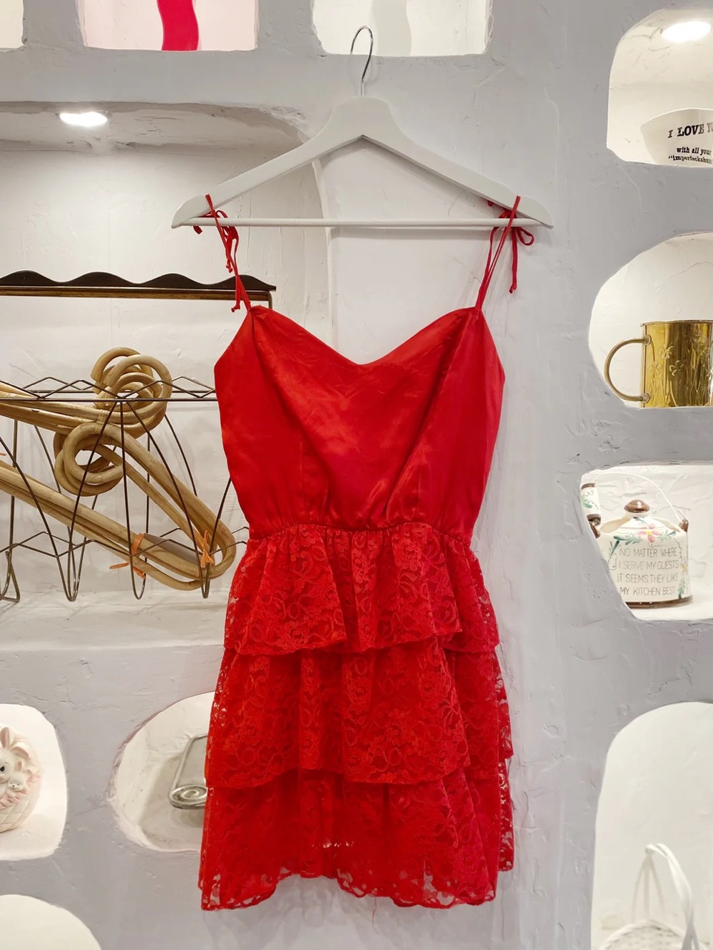 As Is Vintage Satin Spaghetti Strap Dress with Tiered Ruffle Lace Skirt